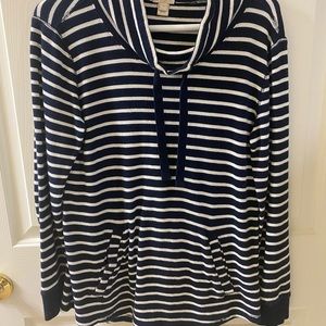 J. Crew Factory Navy Striped Cowl Neck Pullover with Kangaroo Pocket- Size S